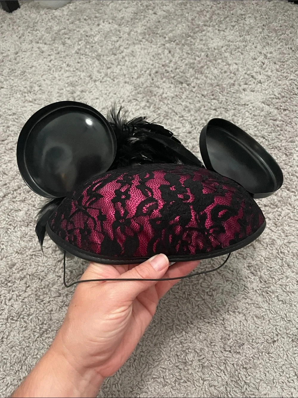 Disney Mickey Ears Black Lace and Fuchsia Feathered Fascinator Hat